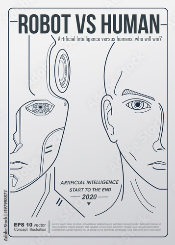 robot vs human industry. AI artificial intelligence and human intelligence Concept business disruption illustration. Vector minimal flat design to poster and cover.