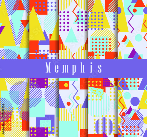 Memphis seamless pattern set. Geometric elements memphis in the style of 80's. Vector illustration