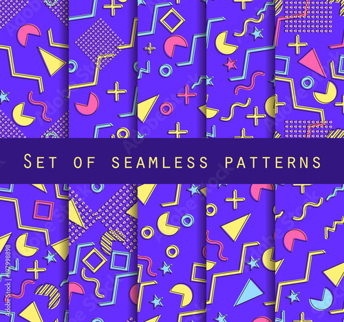 Memphis seamless pattern set. Geometric elements memphis in the style of 80's. Vector illustration