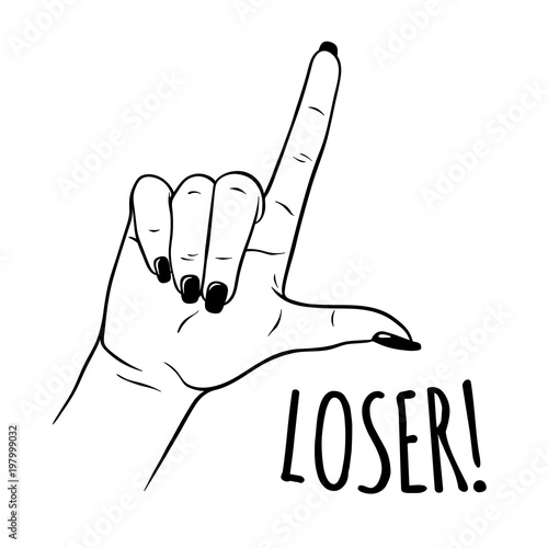 Hand drawn female hand in L for LOSER gesture. Flash tattoo, sticker, patch or print design vector illustration.