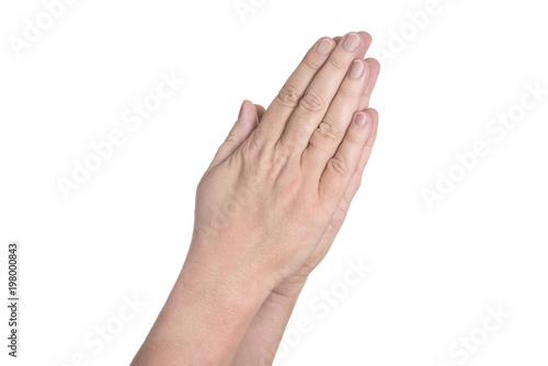Two praying hands from right to left with bare arms - concept relegion faith prayer church god Christianity Jesus Christ - solated on white background with copy space