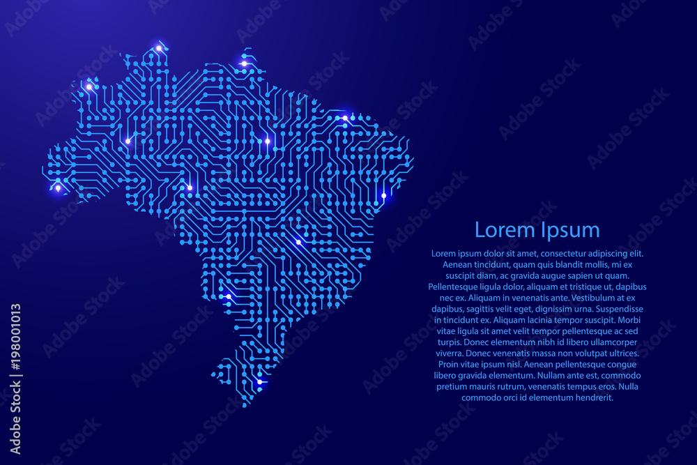Map Brazil from printed board, chip and radio component with blue star space on the contour for banner, poster, greeting card, of vector illustration.