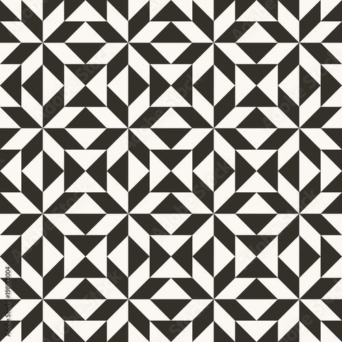 Black and white abstract geometric quilt pattern. High contrast geometric background with triangles. Simple colors - easy to recolor. Minimal background. Vector illustration.