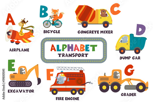 alphabet with transport and animals A to G - vector illustration, eps 