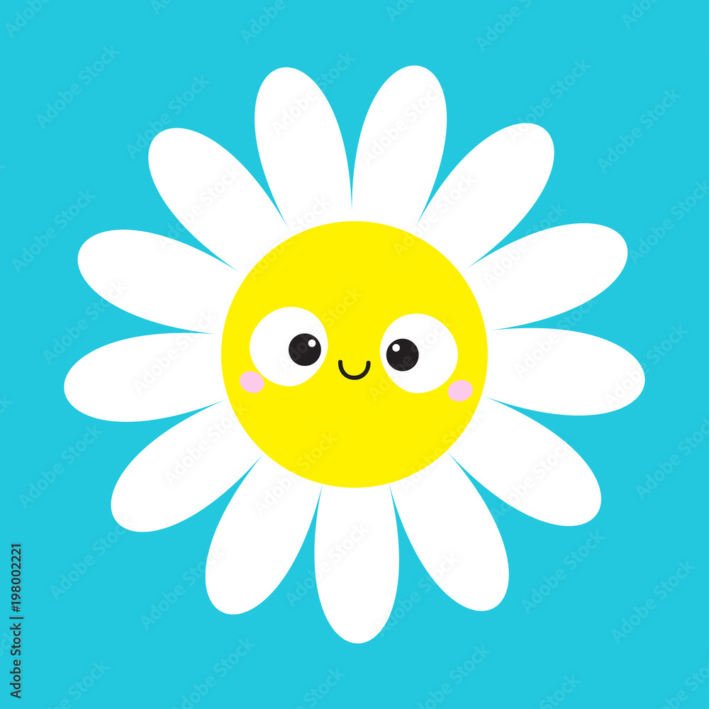 White daisy chamomile with smiling face head. Cute flower plant collection. Love card. Cute cartoon funny character. Camomile icon Growing concept. Flat design. Blue background.