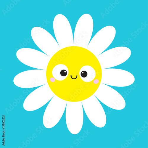 Fototapeta Naklejka Na Ścianę i Meble -  White daisy chamomile with smiling face head. Cute flower plant collection. Love card. Cute cartoon funny character. Camomile icon Growing concept. Flat design. Blue background.