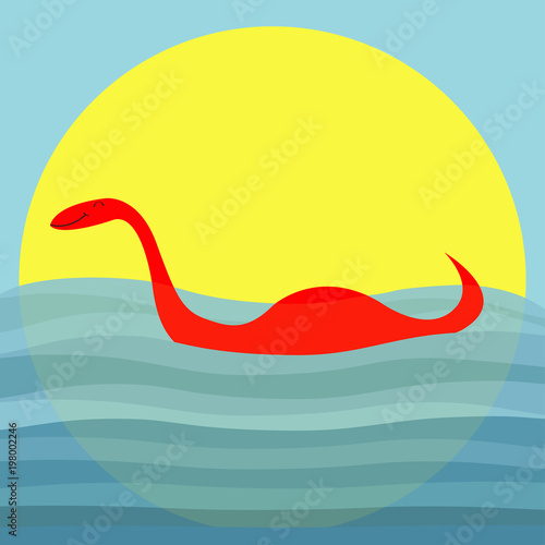 Loch Ness Nessy fictional creature. Water monster with eye, tail Swimming floating Sea ocean wave sunset. Dinosaur shape. Cute cartoon character. Baby collection. Flat Blue background sun.