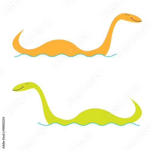 Loch Ness Nessy fictional creature set. Water monster with eye, tail Swimming floating Sea ocean wave. Dinosaur shape. Funny Cute cartoon character. Baby collection. Flat design. White background.