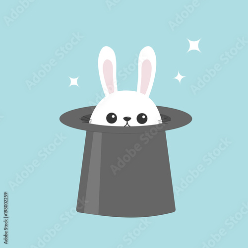 White bunny rabbit in magic hat. Sining stars. Funny head face icon. Big ears. Cute kawaii cartoon character. Baby greeting card. Easter symbol. Flat design. Blue background.