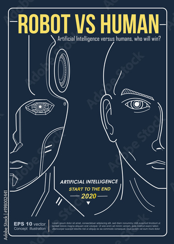 robot vs human industry. AI artificial intelligence and human intelligence Concept business disruption illustration. Vector minimal flat design to poster and cover.