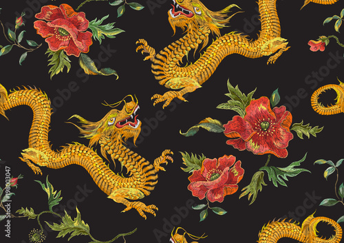 Embroidery oriental floral pattern with golden dragons and red poppies. Vector seamless embroidered template with flowers and animal for fashion design