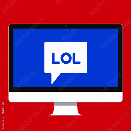 Modern electronic device - flat design monitor or All-in-one-PC vector illustration LOL word in the chat bubble on the screen isolated on background.  Technology concept of chatting flat style design.