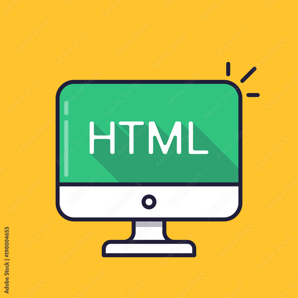 Computer with HTML word on screen. Hypertext markup language concept. Web development, create web page, coding, learning concepts. Simple line icon. Modern long shadow flat design vector illustration Computer with HTML word on screen. Hypertext markup language concept. Web development, create web page, coding, learning concepts. Simple line icon. Modern long shadow flat design vector illustration