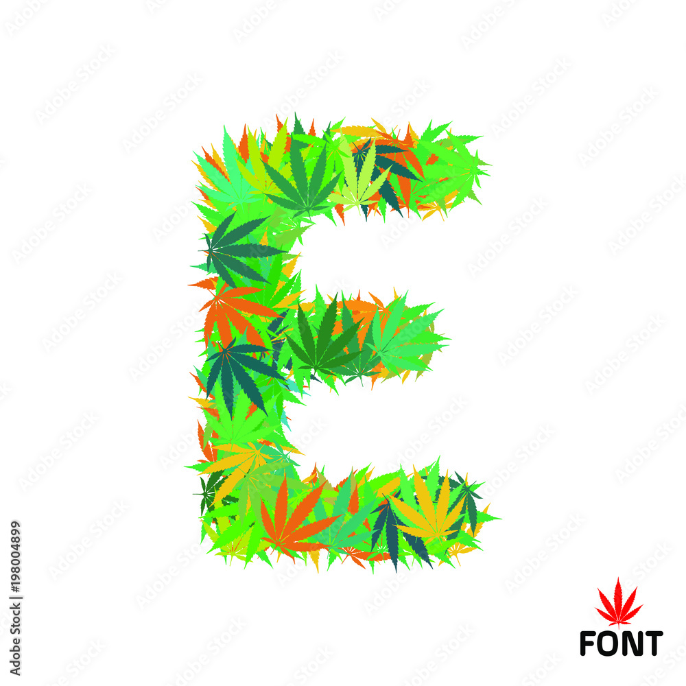Fototapeta premium Cannabis letter E from marijuana leaves isolated on white background vector illustration
