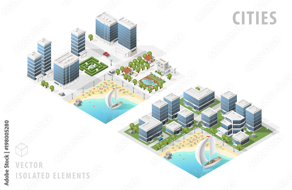 Set of Isolated High Quality Isometric City Maps on White Background