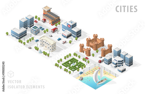 Set of Isolated High Quality Isometric City Maps on White Background
