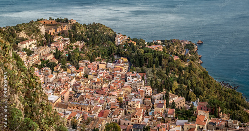 The village of Taormina viewed from Castelmola. Messina Province, Sicily, Italy.