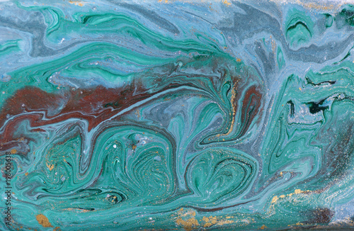 Marble abstract acrylic background. Nature blue and green marbling artwork texture. Gold glitter.