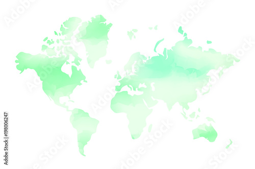 Watercolor texture green world map, vector illustration
