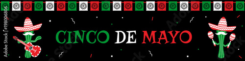 Traditional festival cinco de mayo web design banner template. Two funny cactus mariachi in sombrero with guitar and maracas from mexican band. National colors vector illustration on cinco de mayo.