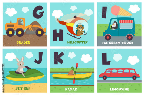 alphabet card with transport and animals G to L - vector illustration, eps