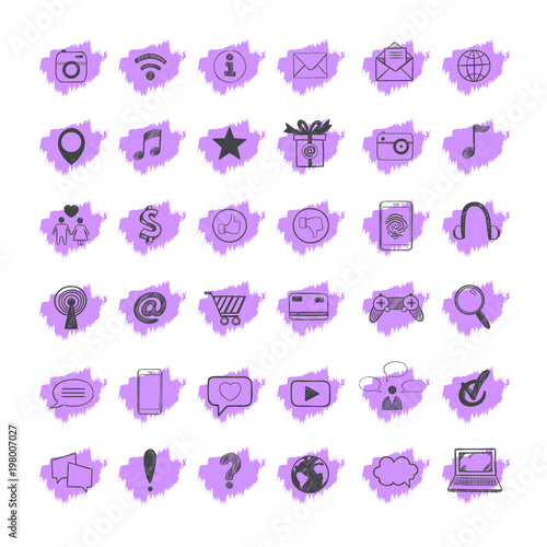 Social Media icons set. Vector hand drawn isolated objects. Doodle and sketch style . © Wonder studio