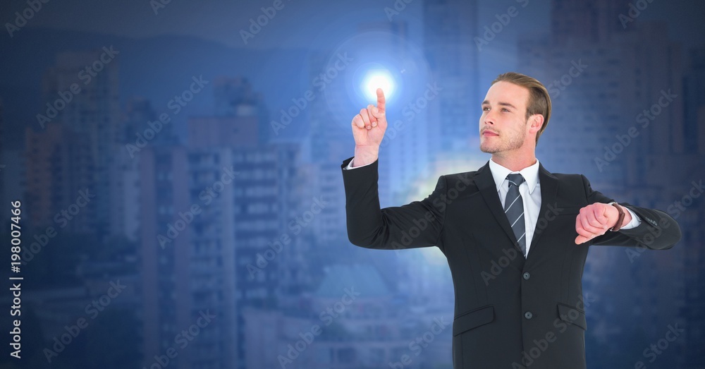 Businessman touching light with dark city Businessman touching light with dark city