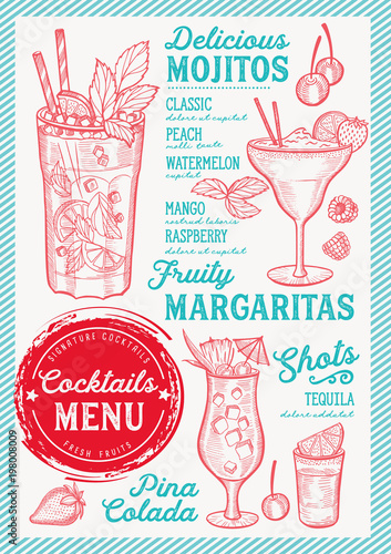 Cocktail bar menu. Vector drinks flyer for restaurant and cafe. Design template with vintage hand-drawn illustrations.