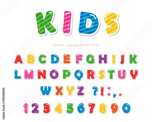 Kids font. Cartoon glossy colorful letters and numbers.