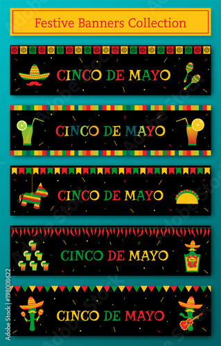 Set of 5 celebration cinco de mayo web banner. Horizontal vector illustration with pinata and taco, sombrero and maracas, tequila bottle, cocktails and mariachi band for party on cinco de mayo