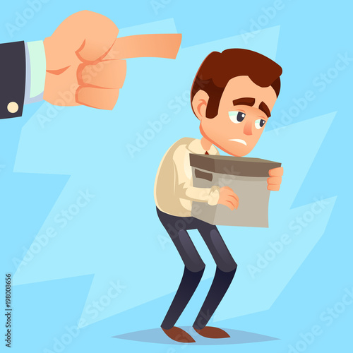 Employee gets fired from his work. Sad businessman holds box, hand pointing forward, you are fired text. Flat style vector illustration Cartoon characters