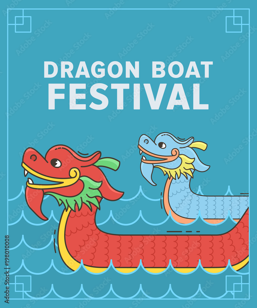 Dragon boat festival vector illustration, 5th day of May. Cartoon character of chines dragon on blue background.  Vertical banner