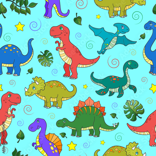 Seamless pattern with colorful dinosaurs and leaves, animals on blue background