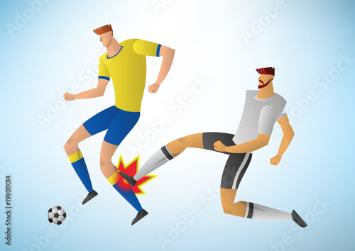 The kicker is kicking behind the player leg