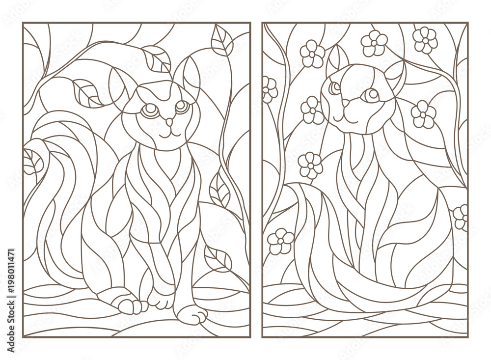 Set of contour stained glass illustrations with cats on tree branches background, dark contours on white background Set of contour stained glass illustrations with cats on tree branches background, dark contours on white background