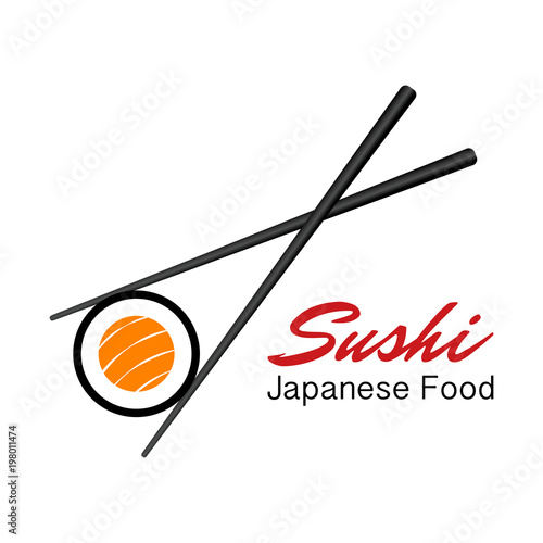 Vector Icon Style Illustration Logo of Asian Street Fast Food Bar or Shop, Sushi, Maki, Onigiri Salmon Roll with Chopsticks, Isolated Minimalistic Object
