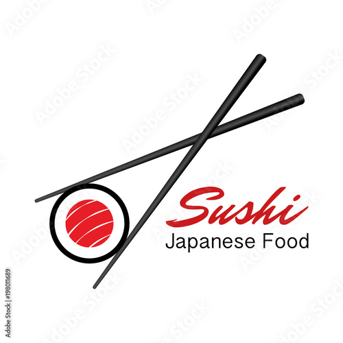 Vector Icon Style Illustration Logo of Asian Street Fast Food Bar or Shop, Sushi, Maki, Onigiri Salmon Roll with Chopsticks, Isolated Minimalistic Object