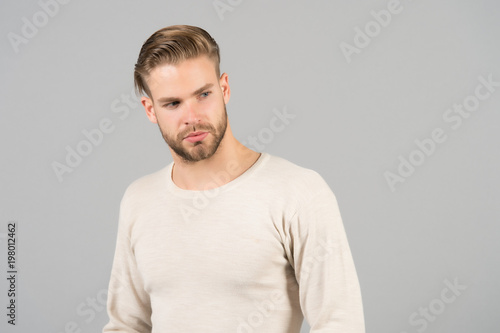 Man in fashionable tshirt, fashion. Man with bearded face and blond hair, haircut. Grooming and hair care in beauty salon, barbershop. Mens fashion, style and trend, copy space © be free