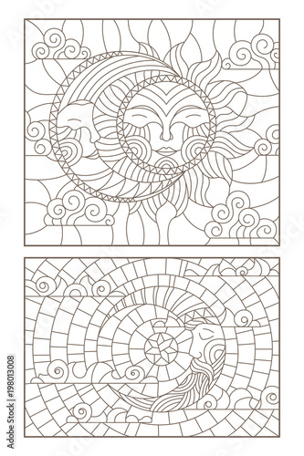 Set of outline illustrations of stained glass Windows with sun and moon on cloudy sky background, dark outlines on white background