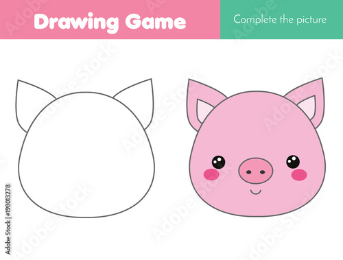 children educational game. Complete the picture. Coloring page. Kids activity with pig. Printable drawing worksheet. Animals theme