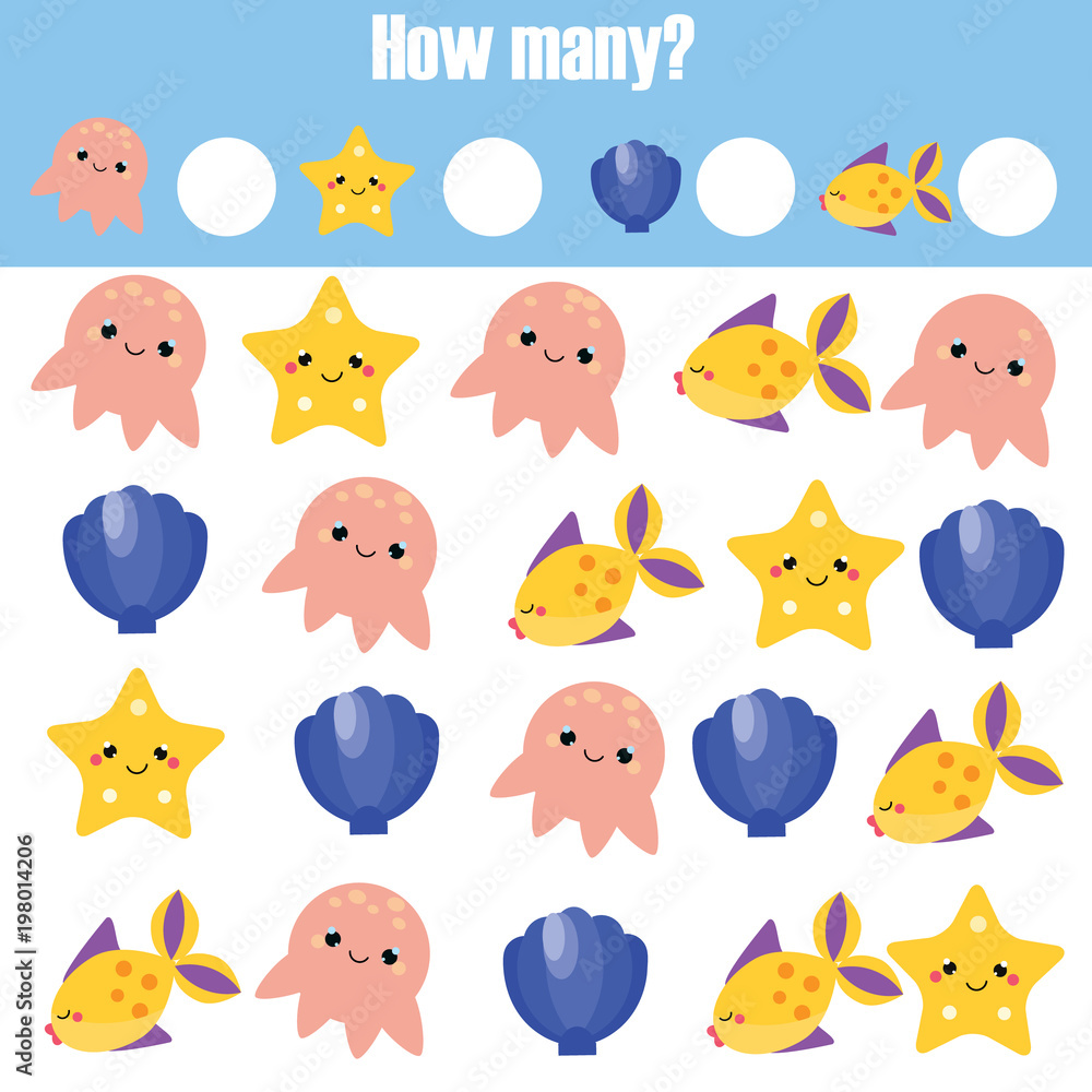 Counting educational children game, math kids activity. How many objects task Counting educational children game, math kids activity. How many objects task