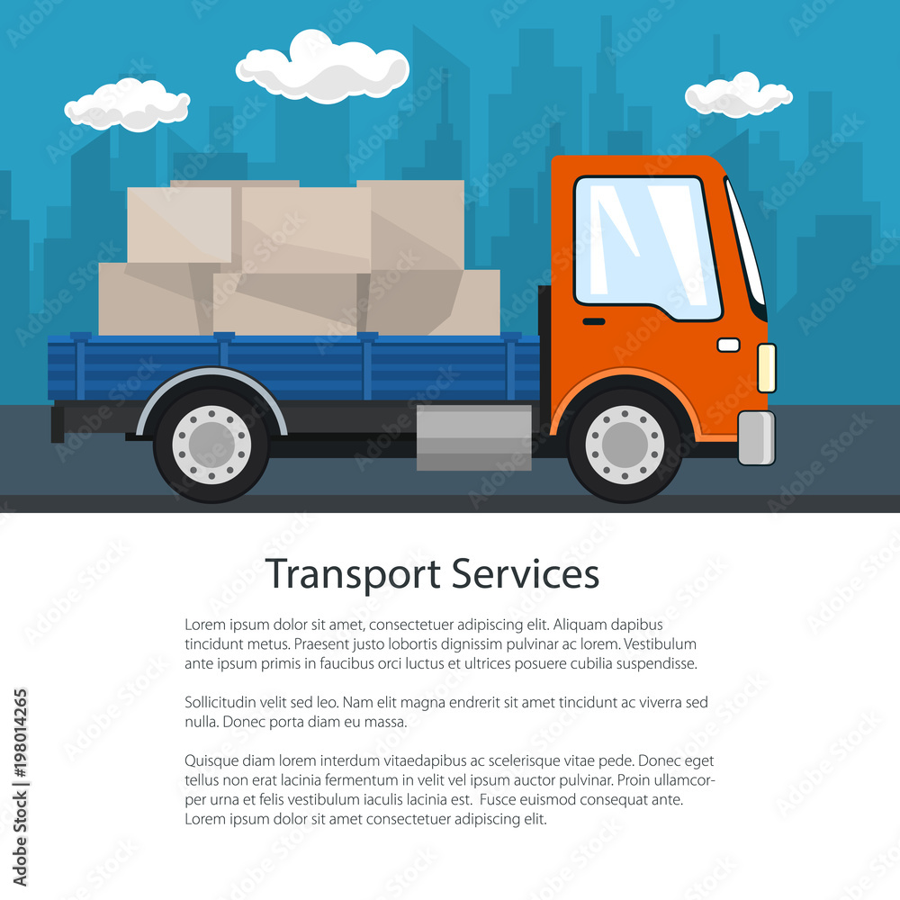 Brochure Delivery Services, Small Cargo Truck with Boxes on the Road, Logistics, Shipping and Freight of Goods, Poster Flyer Design, Vector Illustration