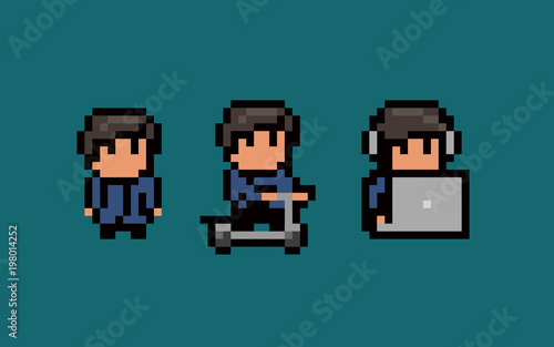 Three pixel art male characters, standing still, using notebook and headset, riding a scooter.