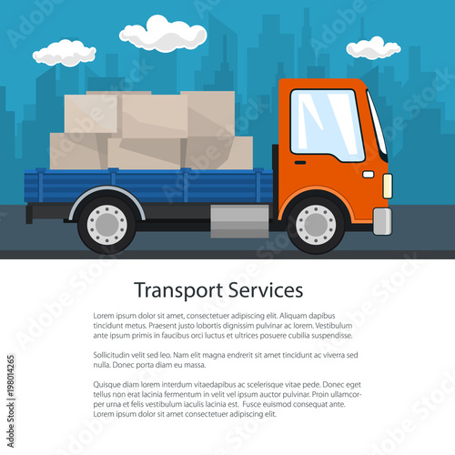Brochure Delivery Services, Small Cargo Truck with Boxes on the Road, Logistics, Shipping and Freight of Goods, Poster Flyer Design, Vector Illustration © serz72