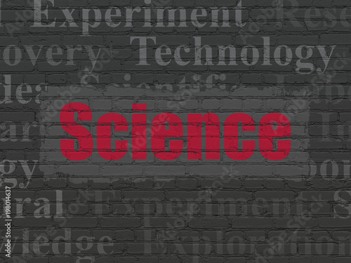 Science concept: Painted red text Science on Black Brick wall background with Tag Cloud