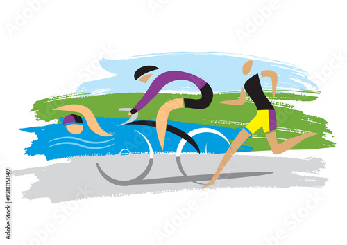 Triathlon racers,three discipline of the triathlon. 
Stylized drawing of Three triathlon athletes on the grunge background. Vector available. 