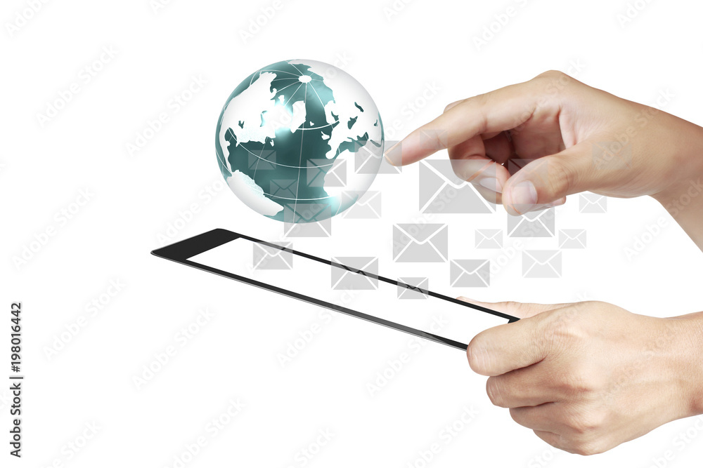 multitasking man using tablet in hand multitasking man using tablet in hand