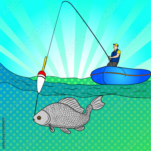 Pop art man who fishing in open sea. Fishing cartoon. Fisherman in boat pulling fish. Vector Image Comic book style imitation