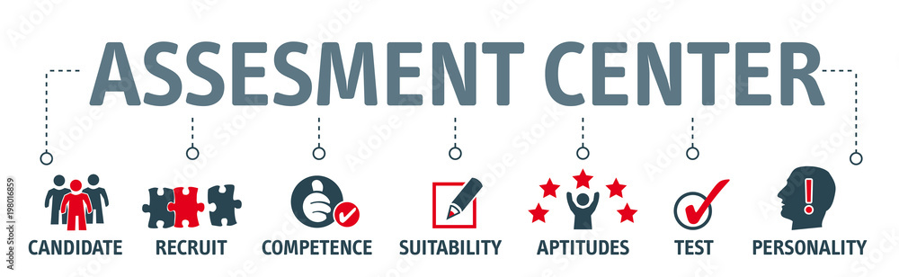 Banner assessment center concept english keywords - obrazy, fototapety, plakaty 