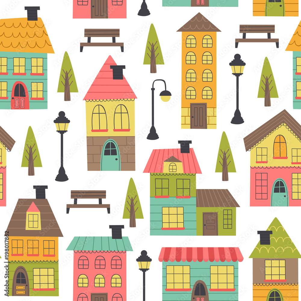 seamless pattern with houses on white background - vector illustration, eps